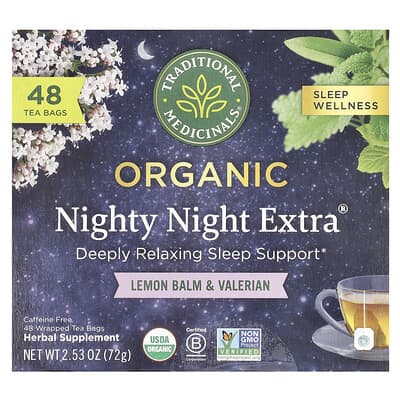Organic Nighty Night Extra®, мелисса и валериана, без кофеина, 48 пакетиков чая, 2.53 oz (72 g)