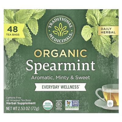 Organic Spearmint, без кофеина, 48 чайных пакетиков, 2.53 oz (72 g)