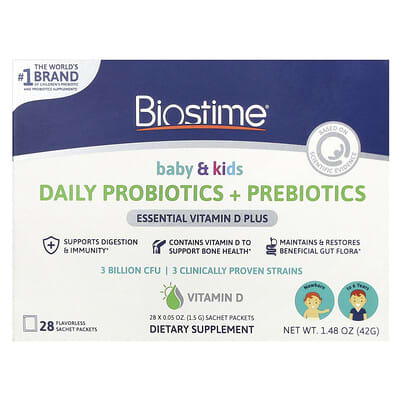Biostime Пробиотики + пребиотики для детей от новорожденных до 6 лет, без вкуса, 28 пакетиков, 0.05 oz (1.5 g) каждый