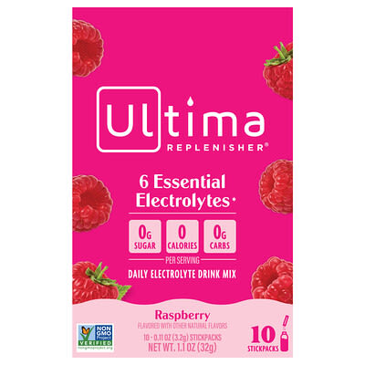 Напиток с электролитами Ultima Replenisher, Raspberry, 10 стикпаков, 0.11 oz (3.2 g) каждый