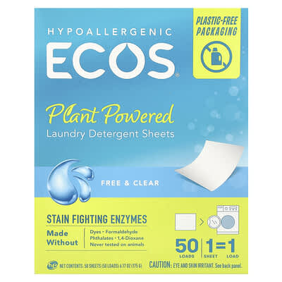 Ecos® Листковую моющее средство для стирки, Free & Clear, 50 шт.