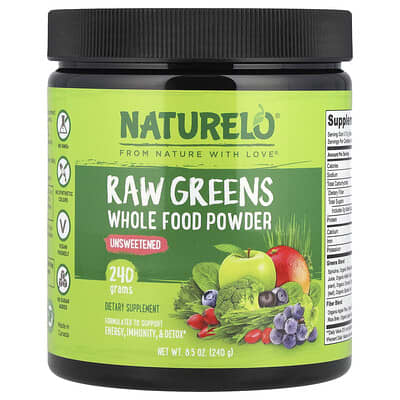 Порошок цельных продуктов NATURELO Raw Greens, без сахара, 8.5 oz (240 g)