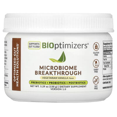 BIOptimizers Microbiome Breakthrough, пребиотики + пробиотики + постбиотики, ваниль, 5.29 oz (150 g)