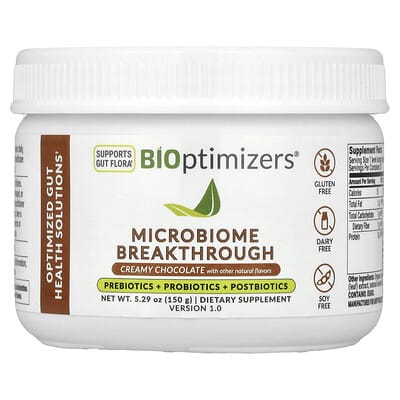 BIOptimizers Microbiome Breakthrough, пребиотики + пробиотики + постбиотики, Creamy Chocolate, 5.29 oz (150 g)