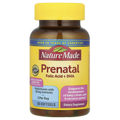 Nature Made Prenatal, фолиевая кислота + DHA, апельсин, 60 мягких капсул