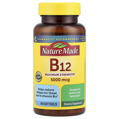 Витамин B12, максимальная концентрация, 5,000 mcg, 60 мягких капсул