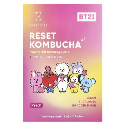 Растворимый напиток Everydaze Reset Kombucha, Powdered Beverage Mix, Peach, 10 Packets, 0.18 oz (5 g) Each