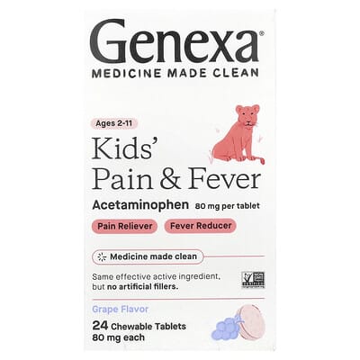 Детское средство от боли и жара Genexa, для детей 2-11 лет, виноград, 80 mg, 24 жевательных таблетки