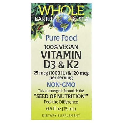 Whole Earth Sea®, 100% веганский витамин D3 & K2, 0.5 fl oz (15 ml)