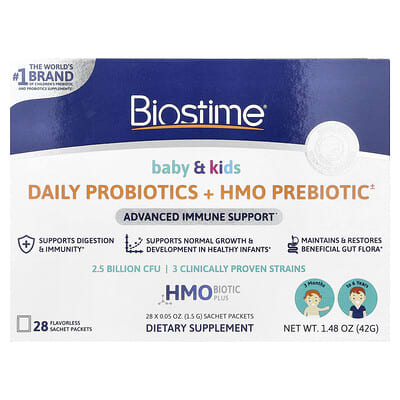 Biostime Пробиотики для детей и малышей, Daily Probiotics + HMO Prebiotic, без вкуса, 28 пакетиков по 0.05 oz (1.5 g)