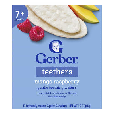 Дентены Gerber, нежные жевательные вафли, 7+ месяцев, Mango Raspberry, 12 упаковок по 2 шт., 0.14 oz (4 g) каждая