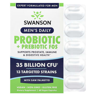 Мужской пробиотик и пребиотик Swanson Vitamins Daily, Saw Palmetto, 35 Billion CFU, 60 веганских капсул