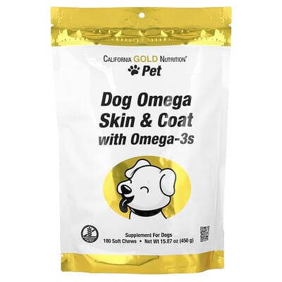 Витамины для собак California Gold Nutrition Pet, Dog Omega Skin & Coat with Omega-3, 180 Soft Chews, 15.87 oz (450 g)