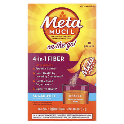 Metamucil On-The-Go 4-in-1 Fiber, Orange, Sugar Free, 30 пакетиков по 0.21 oz (5.8 g)