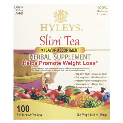 Slim Tea, 9 Flavor Assortment , 100 Foil Envelope Tea Bags, 5.29 oz (150 g)