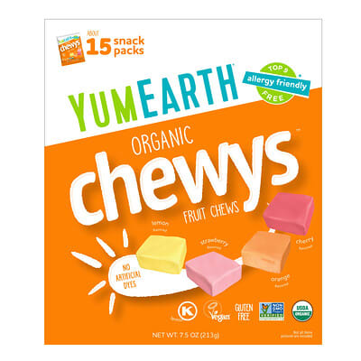 Органические жевательные конфеты Organic Chewys™, фруктовые, 15 упаковок по 0.5 oz (14 g)