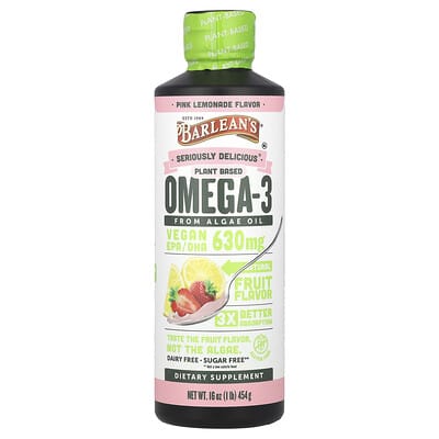 Barlean's Seriously Delicious® Omega-3 из масла водорослей, Pink Lemonade, 630 mg, 16 oz (454 g)