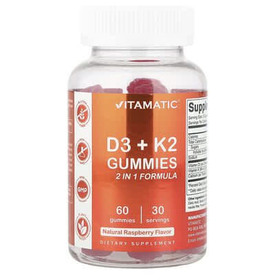 Желейные витамины D3 + K2, Natural Raspberry, 60 Gummies