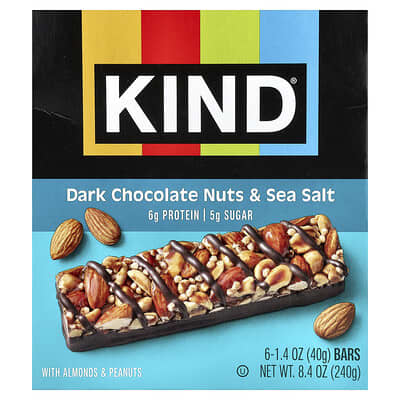 Протеиновые батончики KIND Bars, Dark Chocolate Nuts & Sea Salt, 6 штук, 1.4 oz (40 g) каждый