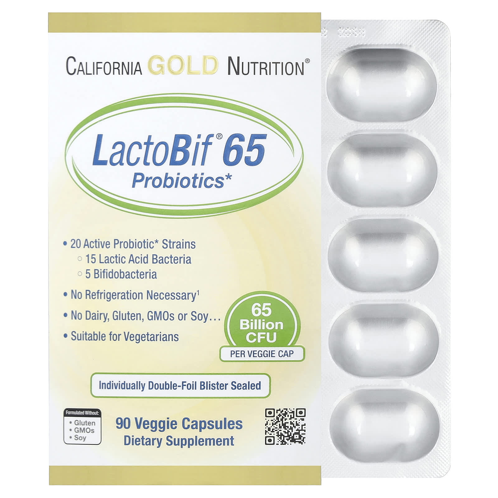 LactoBif® 65 пробиотики, 65 Billion CFU, 90 вегетарианских капсул