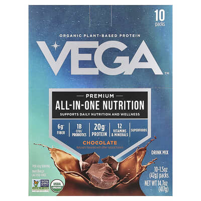 Vega Органический растительный протеин, Premium All-In-One Nutrition, Шоколад, 10 упаковок по 1.5 oz (42 g)