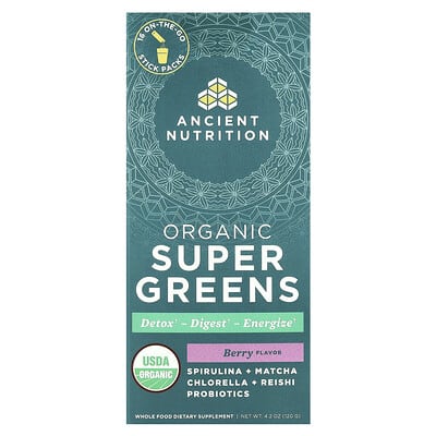 Органические суперфуды Organic Super Greens, ягоды, 16 стик-пакетов, 0.3 oz (7.5 g) каждый