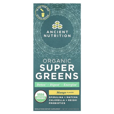 Суперзелень Organic Super Greens, Mango, 16 On-The-Go Stick Packs, 0.3 oz (7.7 g) Each
