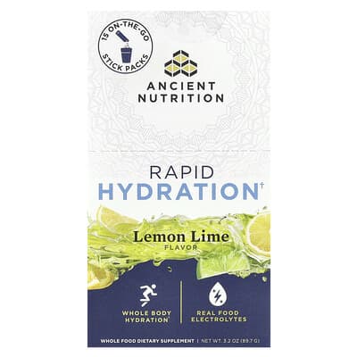 Ancient Nutrition Напиток для быстрого гидратации, Лимон-лайм, 15 стик-паков, 0.2 oz (6 g) каждый