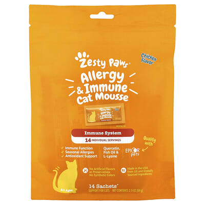 Zesty Paws Мусс для кошек Allergy & Immune, Chicken, 14 Sachets 0.2 oz (6 g) Each