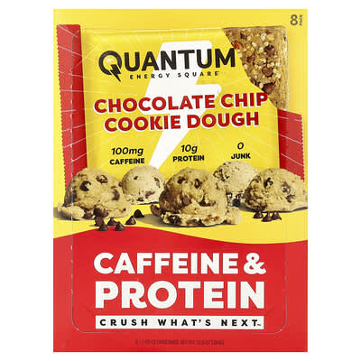 Quantum Energy Square Батончик с кофеином и протеином, Chocolate Chip Cookie Dough, 8 Bars, 1.69 oz (48 g) Each