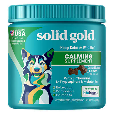 Solid Gold добавка для успокоения собак Keep Calm & Wag On™, Smoked Bacon, 60 Soft Chews, 3.8 oz (108 g)
