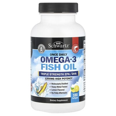 BioSchwartz Omega-3 Fish Oil, ежедневная норма, тройная сила, высокая концентрация, лимон, 1200mg, 100 мягких капсул
