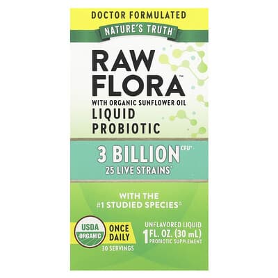 Жидкий пробиотик Raw Flora™, Unflavored, 3 Billion CFU, 1 fl oz (30 ml)
