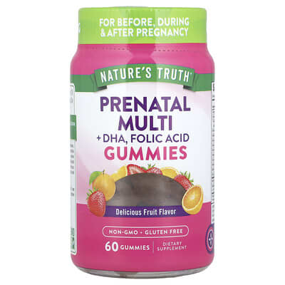 Prenatal Multi + DHA, Folic Acid Gummies, Delicious Fruit, 60 Gummies