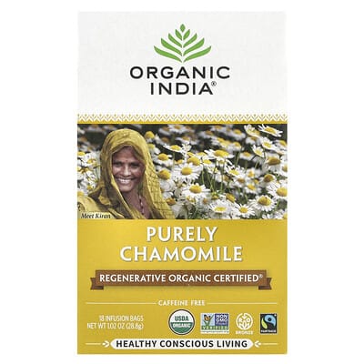 Чай Organic India Purely Chamomile, без кофеина, 18 пакетиков, 28.8 g