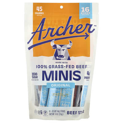 Grass-Fed Beef Sticks Minis, Original , 16 Sticks, 0.5 oz (14 g) Each