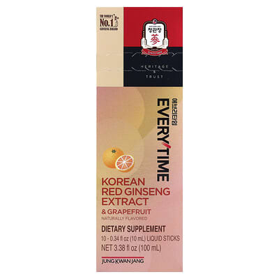 JungKwanJang Korean Red Ginseng Extract, Everytime, Грейпфрут, 10 стиков, 0.34 fl oz (10 ml) каждый