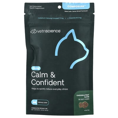 Composure™, Calm & Confident, для всех кошек, Chicken + Trout, 30 мягких жевательных таблеток, 1.59 oz (45 g)