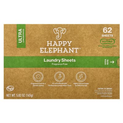 Стиральные листы Happy Elephant, без ароматизатора, 62 шт, 5.82 oz (165 g)