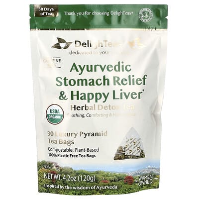 Ayurvedic Stomach Relief & Happy Liver травяной детокс чай, без кофеина, 30 пирамидальных пакетиков, 4.2 oz (120 g)