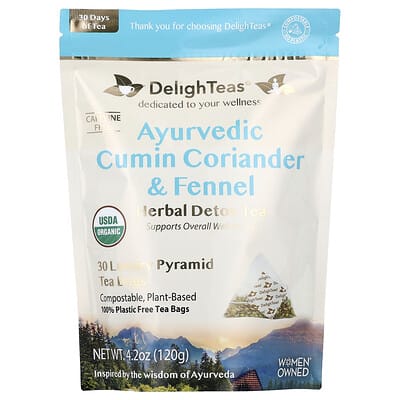 Травяной детокс-чай DelighTeas Ayurvedic Cumin Coriander & Fennel, 30 Luxury Pyramid Tea Bags, 4.2 oz (120 g)