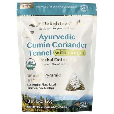 Ayurvedic Cumin Coriander Fennel With Ginger, Herbal Detox Tea, Caffeine Free, 30 Luxury Pyramid Bags, 4.2 oz (120 g)