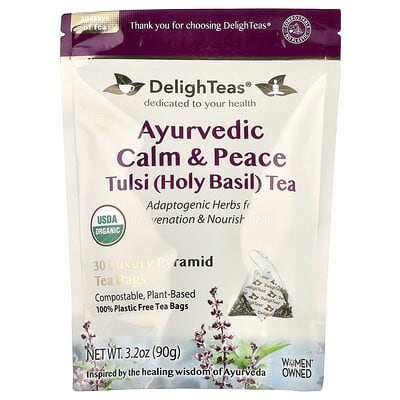 DelighTeas Чай Tulsi (Святой базилик) Ayurvedic Calm & Peace, без кофеина, 30 пирамидальных пакетиков, 3.2 oz (90 g)