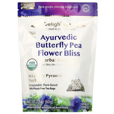 Травяной чай Ayurvedic Butterfly Pea Flower Bliss, без кофеина, 30 пирамидальных пакетиков, 60 g