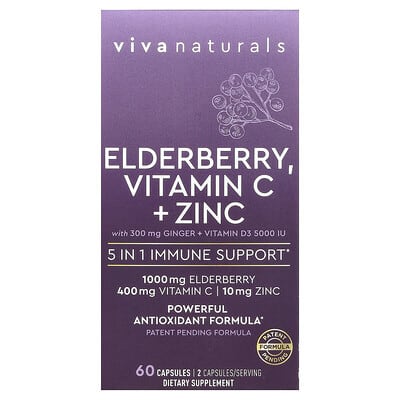 Viva Naturals Бузина, Витамин C + Цинк с имбирем + Витамин D3, 60 капсул