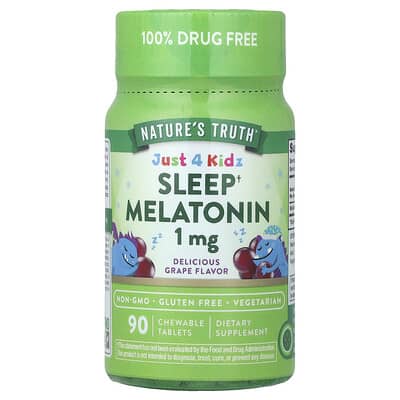 Just 4 Kidz Sleep Melatonin, виноградный вкус, 1 mg, 90 Chewable Tablets