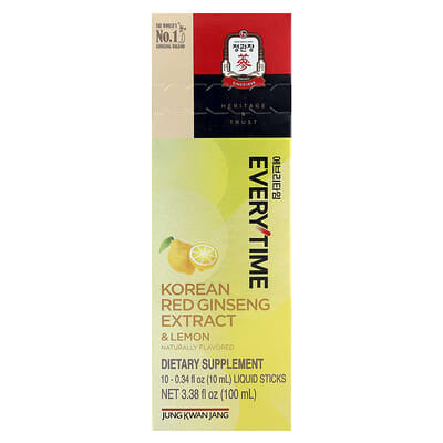 Экстракт красного женьшеня Everytime, лимон, 10 стиков, 0.34 fl oz (10 ml) каждый
