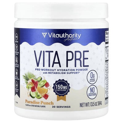 Порошок для предтренировочной гидратации Vitauthority Active, Vita Pre, Paradise Punch, 13.5 oz (384 g)