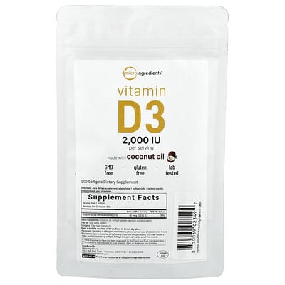 Витамин D3 Micro Ingredients, 2,000 IU, 500 мягких капсул