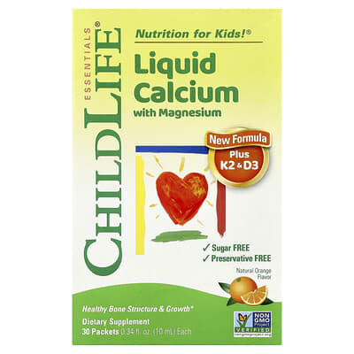ChildLife Essentials жидкий кальций с магнием, K2 и D3, натуральный апельсин, 30 пакетов, 0.34 fl oz (10 ml)